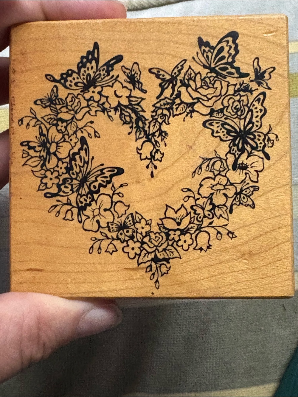 Wooden Heart Floral Stamp - Black Design on Natural Wood